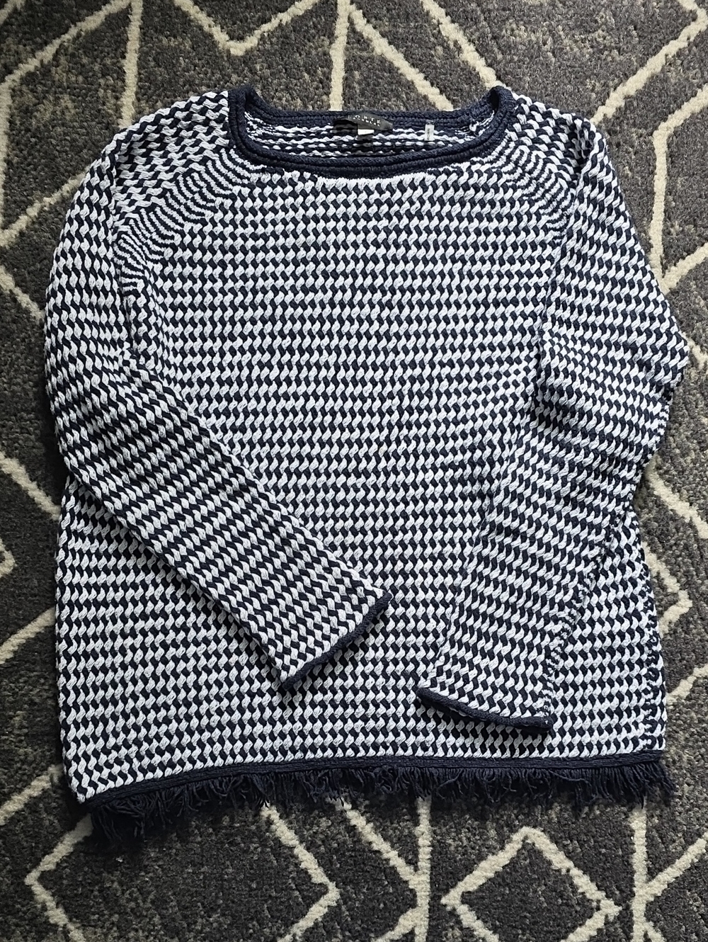 Forte Cashmere Navy and White Textured Crewneck Sweater